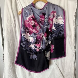 Joules Floral Silk Scarf In Silver Pink Black 30" Sq hand rolled hem